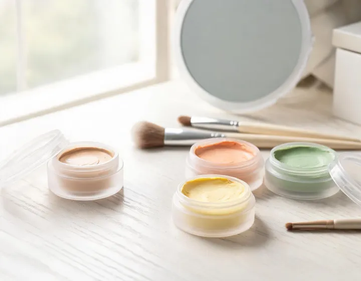 concealer vs color corrector on a cosmetics bench, illustration only