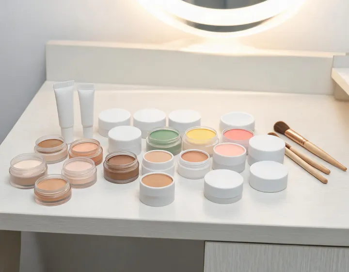 color corrector and concealer on a cosmetics bench, illustration only