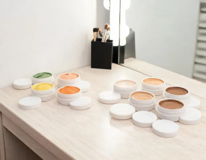 color corrector vs concealer on a cosmetics bench, illustration only